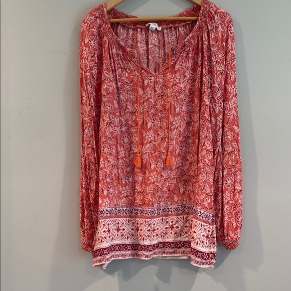 beachlunchlounge Tops - beachlunchlounge | Peach Long Sleeve Tie w/ Tassle Front Blouse